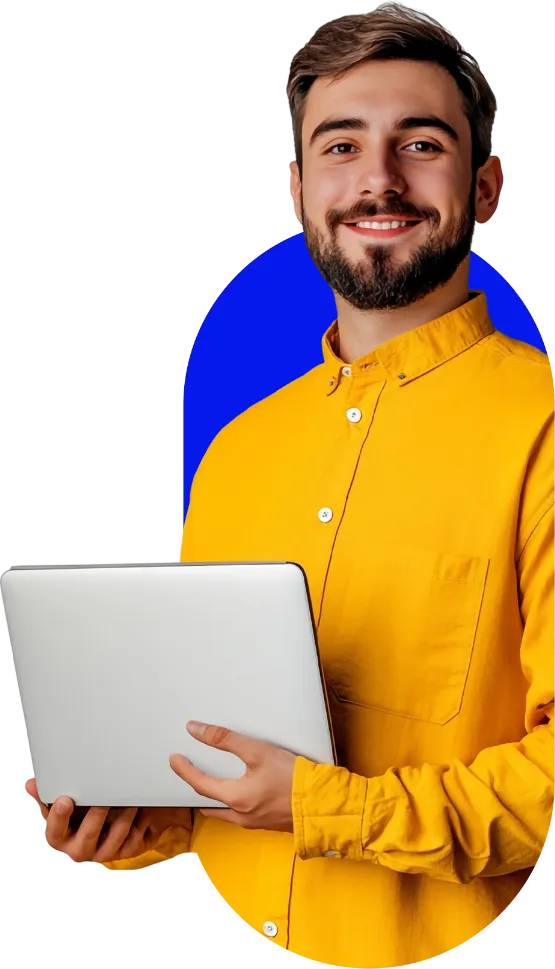 Página Sobre o Rede Parcerias - Ferramenta de fidelização de clientes Homem segurando um computador com a tela do Clube de Vantagens do Rede Parcerias.
