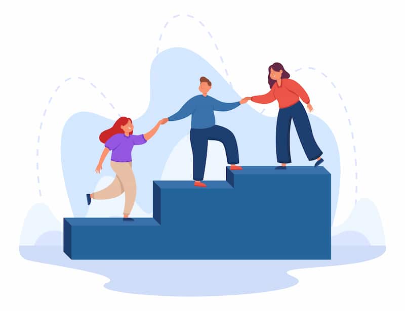 ilustração que mostra uma pessoa ajudando uma a outra a subir degraus para representar a ideia de jornada