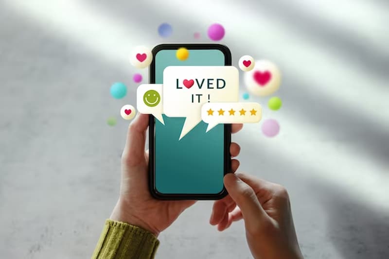 Conceito de experiências do cliente. mulher usando o celular para dar feedback pela internet.