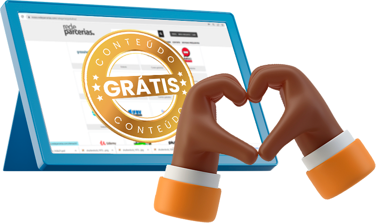 Soluções Home - Benefícios Gratuitos Clube de Vantagens Rede Parcerias imagem de tablet com a aba de conteúdos gratuitos da plataforma do Clube de Vantagens do Rede Pracerias. A frente, duas mãos fazendo sinal de coração.