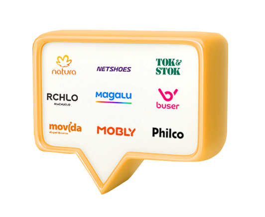 Balão de fala com logos dos clientes parceiros que estão no Clube de Vantagens do Rede Parcerias. Marcas: Natura, Netshoes, Tok & Stok, Riachuelo, Magalu, Buser, Movida e Philco.
